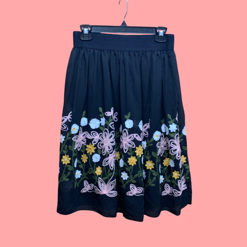 Metro Wear Black Chiffon Midi Skirt with Pink and Yellow Floral Embroidery W S